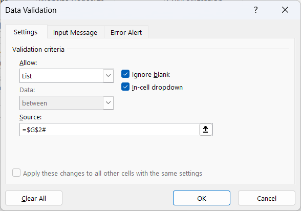 Data Validation dialog box with the spill reference =$G$2# as the list source