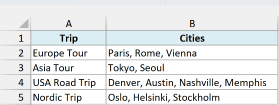 Four trips with their comma-separated cities in columns A and B