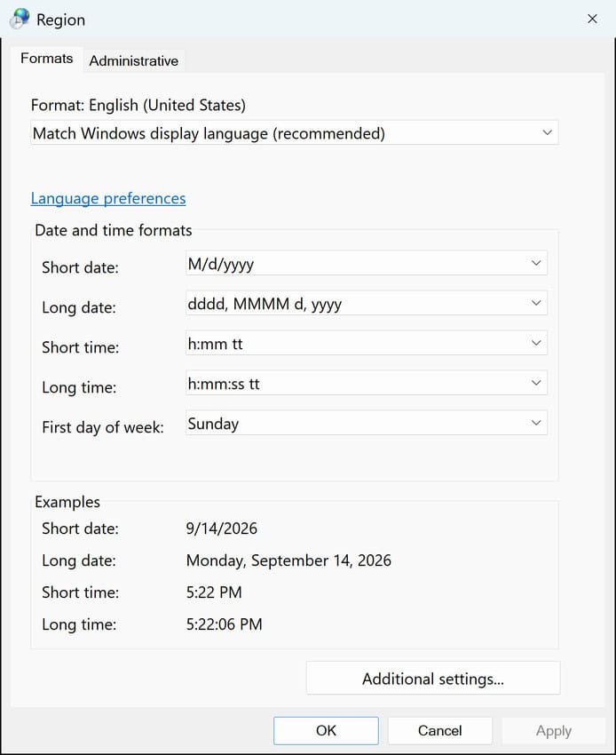 Additional settings button on the Formats tab of the Region dialog
