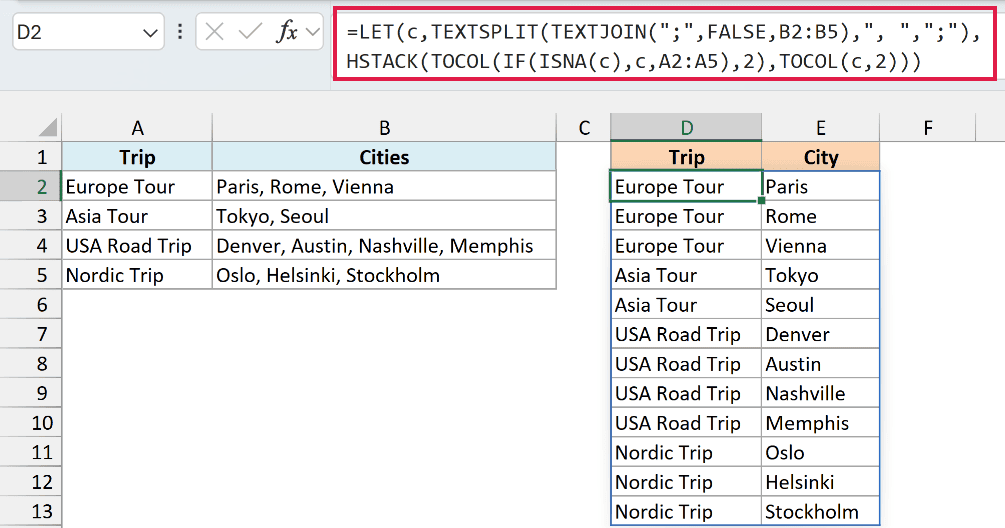 LET formula listing one city per row with its trip name in D2:E13