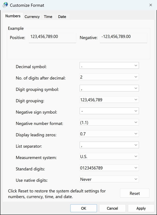 Negative number format set to (1.1) on the Numbers tab