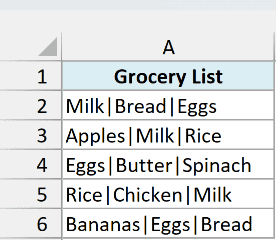 Five pipe-separated grocery lists in A2:A6