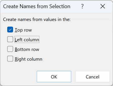 Create Names from Selection dialog box with the Top row option checked