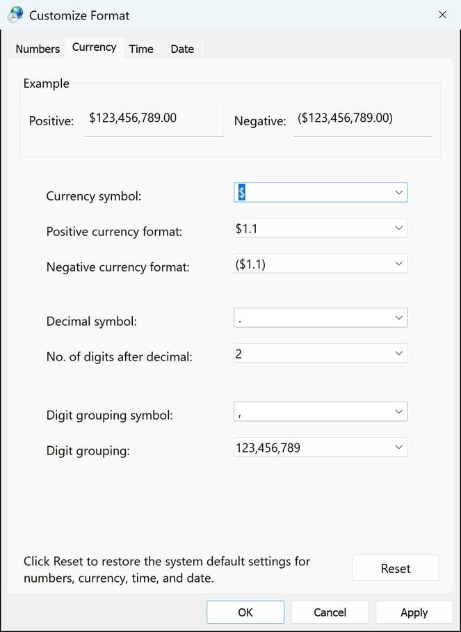 Negative currency format set to ($1.1) on the Currency tab