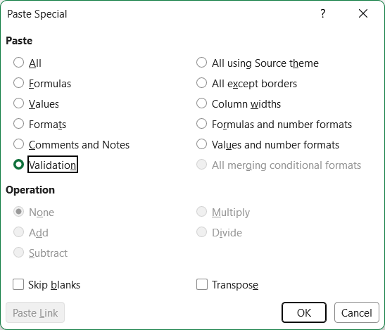 Paste Special dialog box with Validation selected