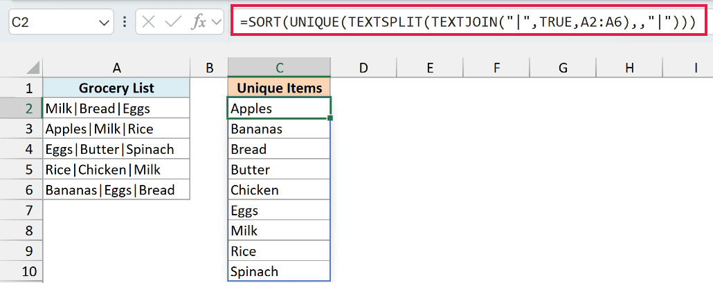 SORT, UNIQUE, and TEXTSPLIT returning nine sorted unique items