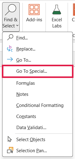 Go To Special option in the Find & Select drop-down on the Home tab