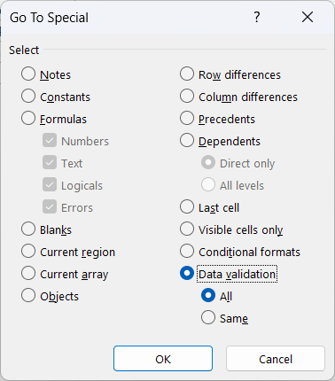 Go To Special dialog box with Data validation selected