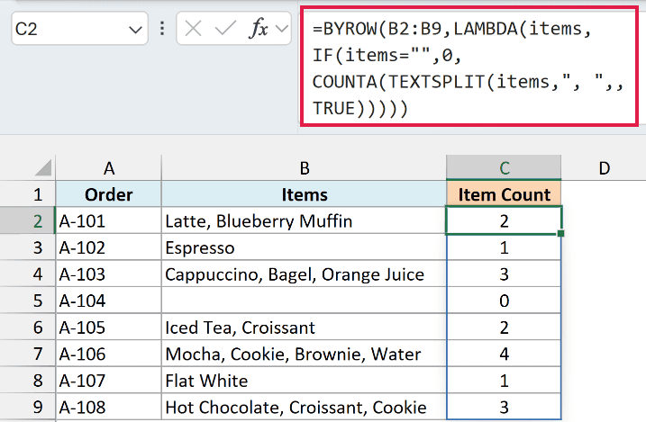 BYROW, COUNTA, and TEXTSPLIT counting the items in each order