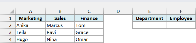 Marketing, Sales and Finance employee lists with empty Department and Employee cells