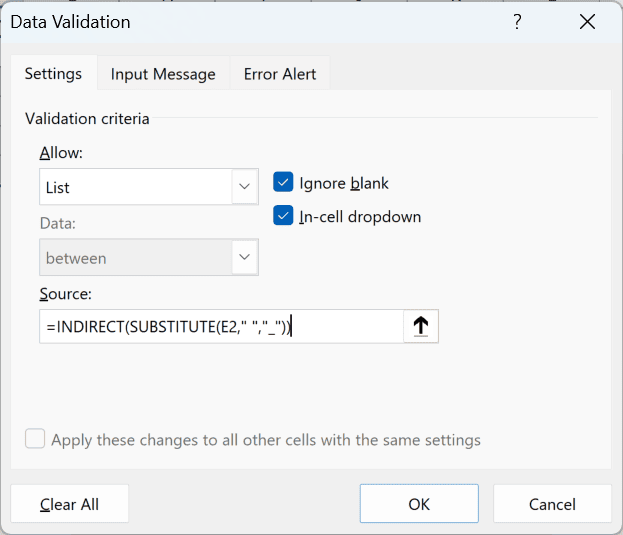 Data Validation dialog box with the INDIRECT and SUBSTITUTE formula entered as the list source