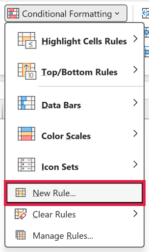 New Rule option in the Conditional Formatting menu on the Home tab