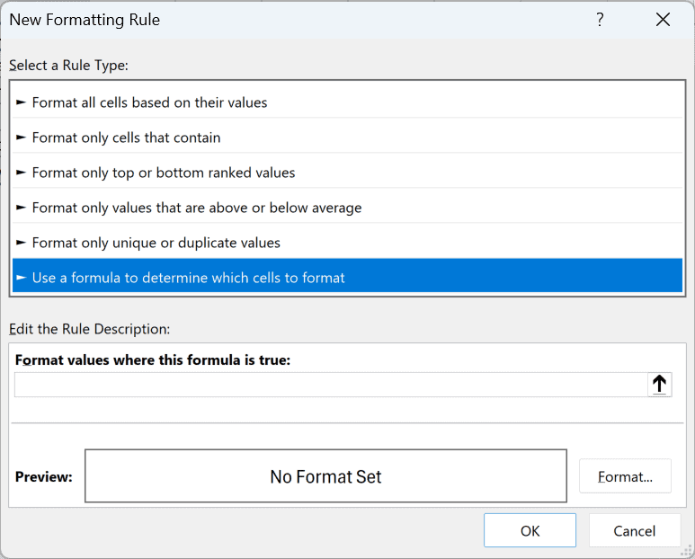 New Formatting Rule dialog box with Use a formula to determine which cells to format selected