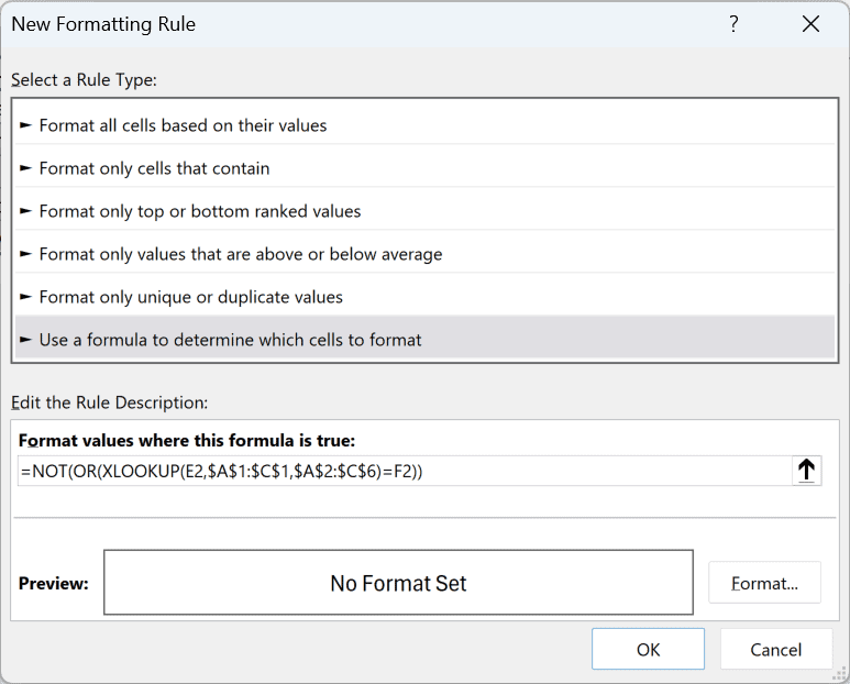 New Formatting Rule dialog box with the NOT, OR and XLOOKUP mismatch formula entered