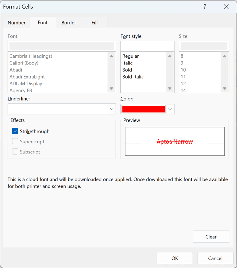 Font tab of the Format Cells dialog box with Strikethrough checked and the font color set to red
