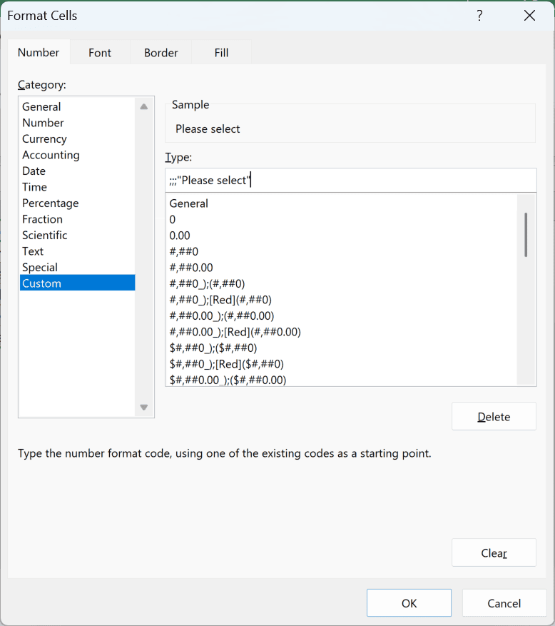 Number tab of the Format Cells dialog box with Custom selected and ;;;"Please select" in the Type field