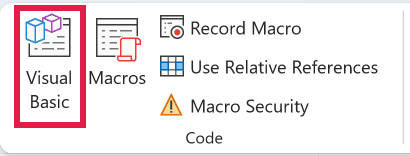 Visual Basic button in the Code group on the Developer tab