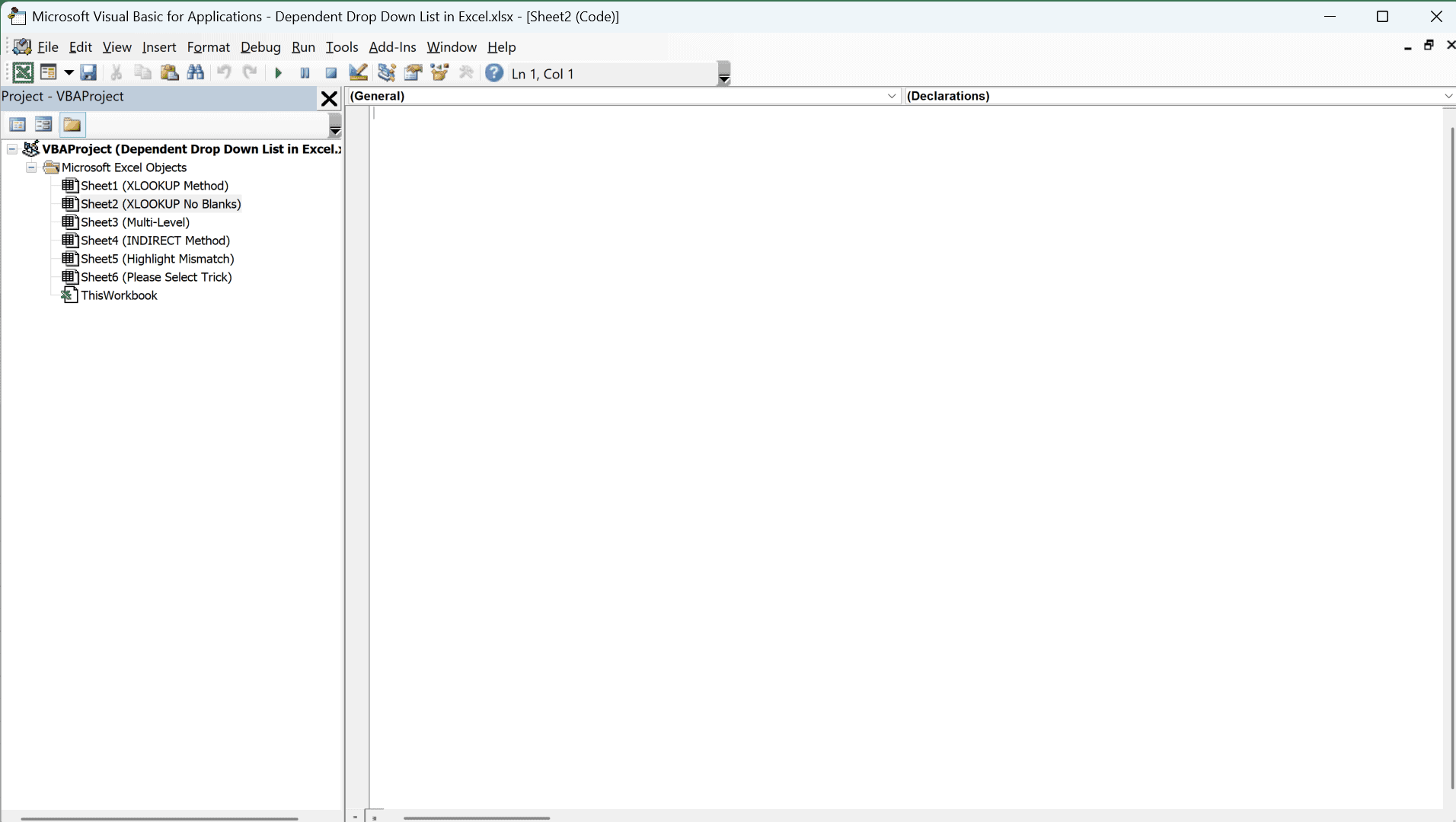 Project Explorer in the VB Editor with the worksheet that has the drop-down lists selected