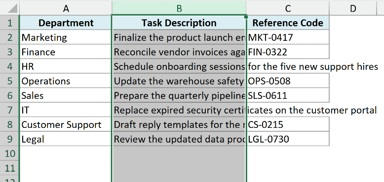 Column B is selected by clicking its header.