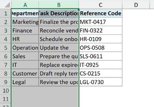 Columns A and B are selected together.