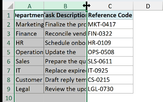 The pointer rests on the right edge of a selected column header.