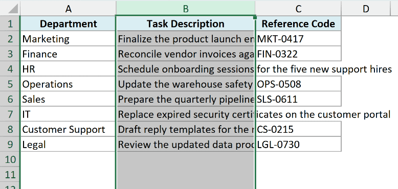 Column B is selected in the task list.