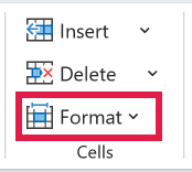 The Format button appears in the Cells group on the Home tab.