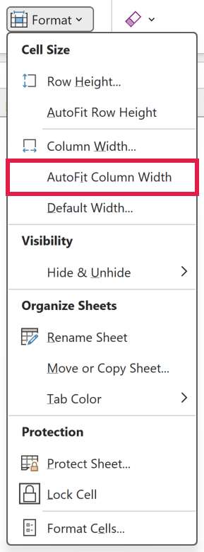 The Home tab's Format menu is open with AutoFit Column Width highlighted.