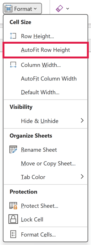 The Home tab's Format menu is open with AutoFit Row Height highlighted.