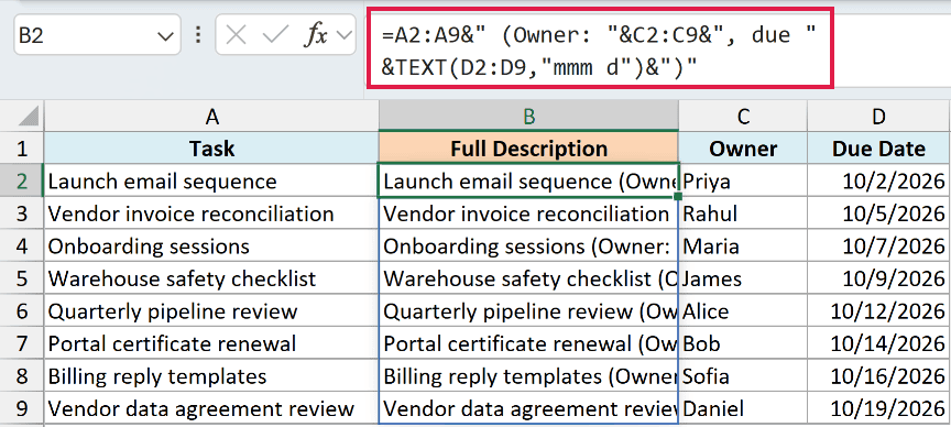 A spilled formula in B2 creates full task descriptions that are cut off by the column width.