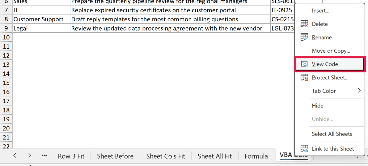 The sheet tab's right-click menu is open with View Code highlighted.