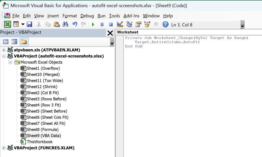 Worksheet_Change code for AutoFit is pasted into the worksheet's code window.
