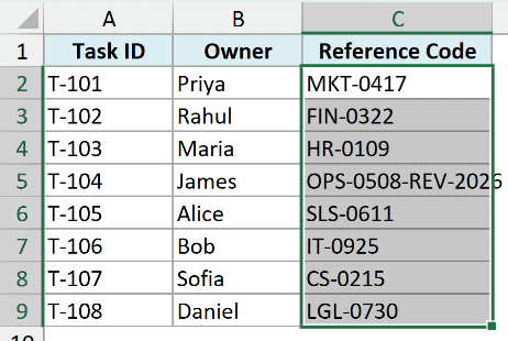 The cells in the Reference Code column are selected.
