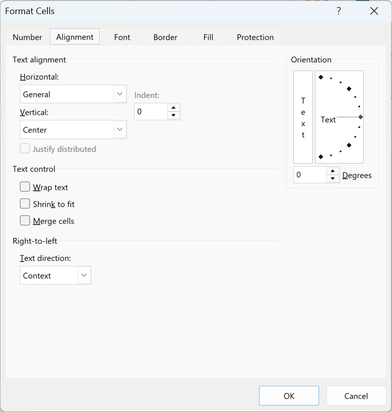 The Format Cells dialog displays the Alignment tab.