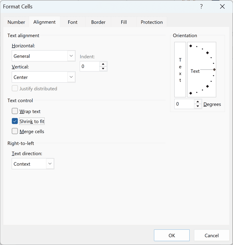 Shrink to fit is checked under Text control on the Alignment tab.