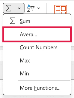 AutoSum drop-down on the Home tab with the Average option highlighted