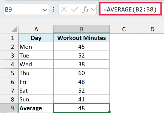 B9 shows 48 after pressing Enter, with =AVERAGE(B2:B8) in the formula bar