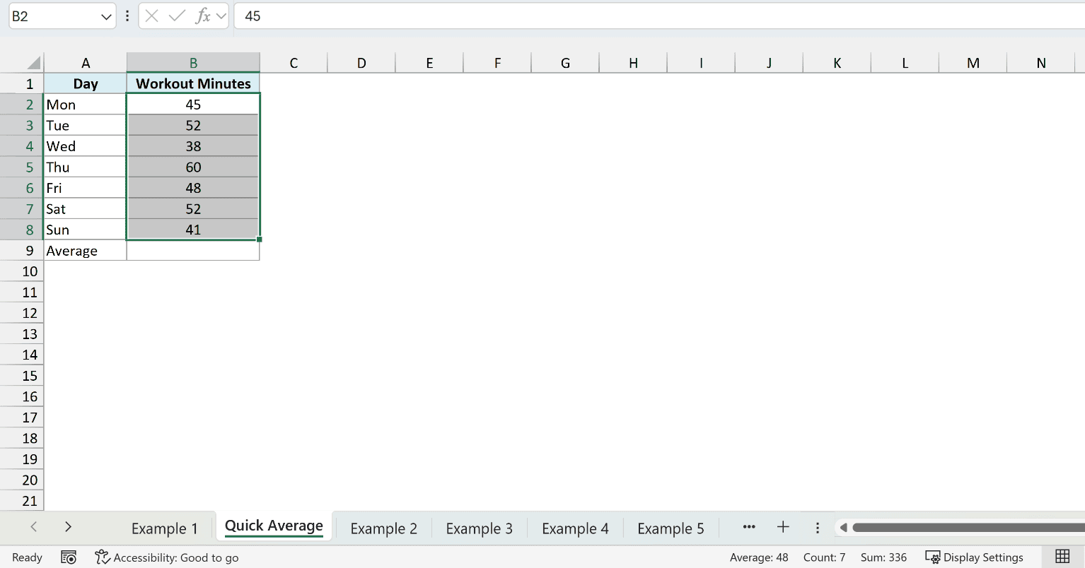 Workout minutes B2:B8 selected with the status bar showing Average 48, Count 7, and Sum 336