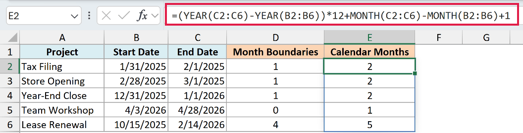 YEAR and MONTH formula counting every calendar month touched, including the start month.