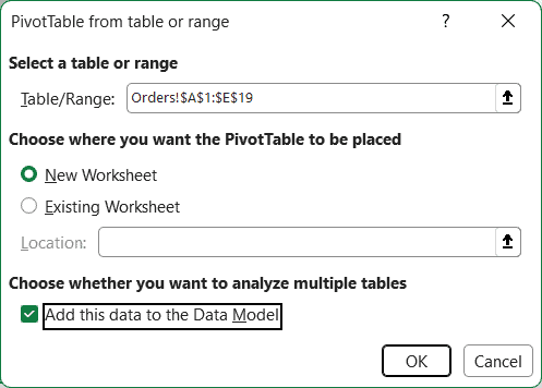 Add this data to the Data Model checkbox checked in the PivotTable from table or range dialog