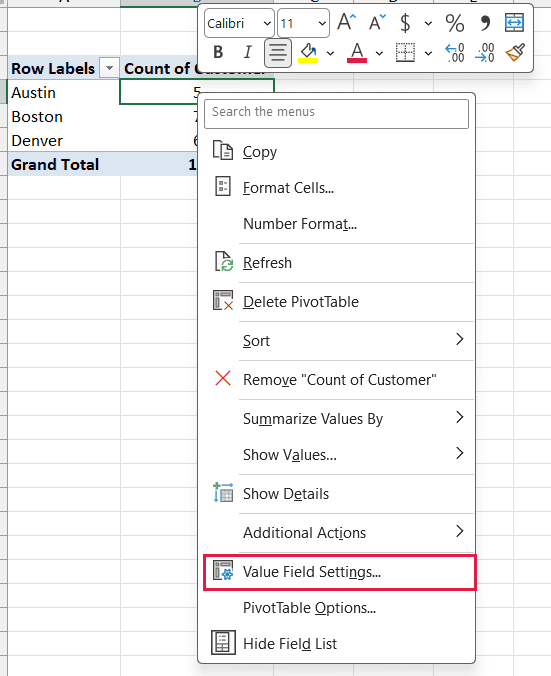 Right-click menu on the Count of Customer column with Value Field Settings
