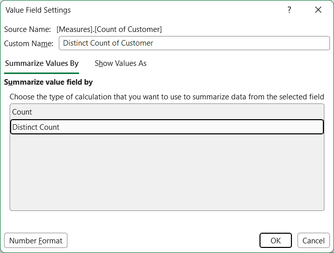 Value Field Settings dialog with Distinct Count selected