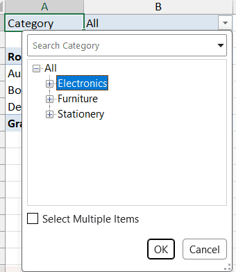 Category filter drop-down with Electronics selected