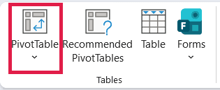 PivotTable option in the Tables group on the Insert tab