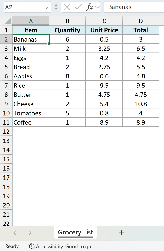 Grocery list in A1:D11 with A2 selected. The Name Box shows A2 and the status bar says Ready