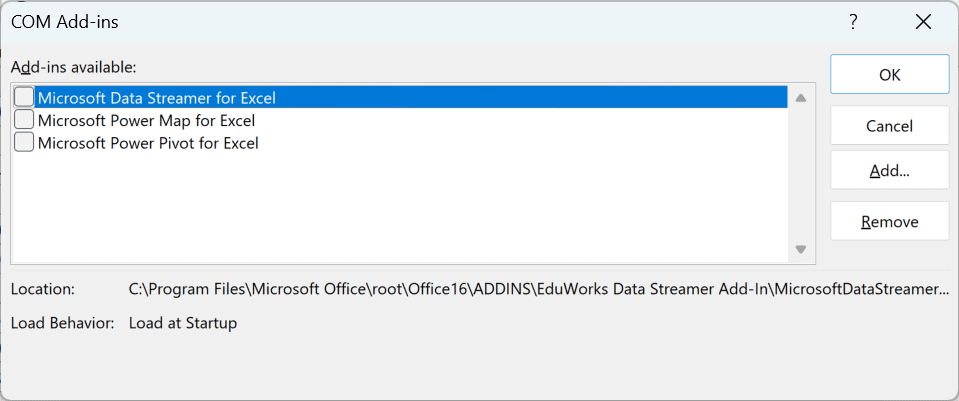 The COM Add-ins dialog box where every add-in can be unchecked