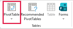 PivotTable option in the Tables group on the Insert tab