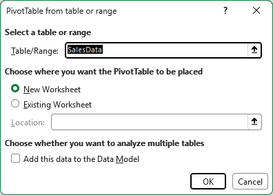 PivotTable from table or range dialog with the SalesData table and New Worksheet selected