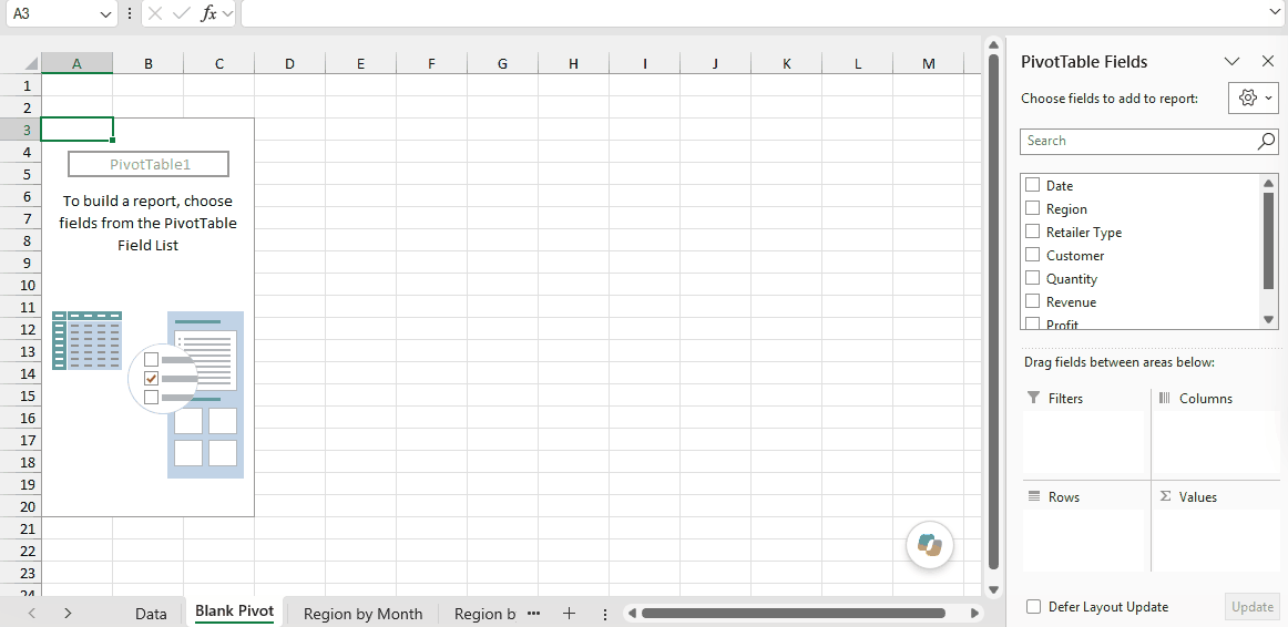 Blank Pivot Table on a new worksheet with the PivotTable Fields pane on the right
