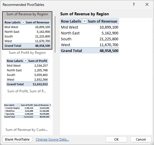 Recommended PivotTables dialog with a suggested layout selected and its preview on the right